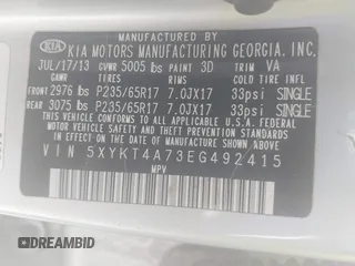 2014 Kia Sorento LX with VIN 5XYKT4A73EG492415, listed as a IAAI auction lot 41875320 with 189,293 mi miles and . Bid and sale history available at carsss.com. Image 9.
