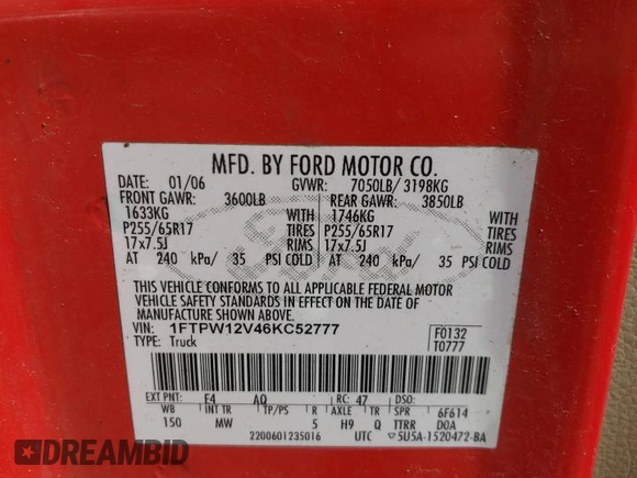 2006 Ford F-150 XLT с VIN 1FTPW12V46KC52777, выставлен на аукционе Copart как лот 54324865 с пробегом 2 643 985 миль миль и Списание • Salvage title. История ставок и продаж доступна на DreamBid. Изображение 12.