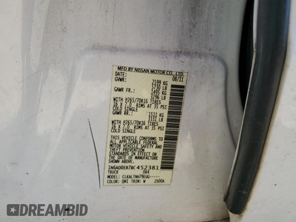 2011 Nissan Frontier SV with VIN 1N6AD0ER7BC452381, listed as a Copart auction lot 54908895 with 194,825 mi miles and Non repairable. Bid and sale history available at DreamBid. Image 12.