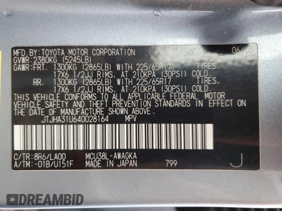 2004 Lexus RX 330 with VIN JTJHA31U640028164, listed as a Copart auction lot 68371084 with 192,372 mi miles and Salvage Title. Bid and sale history available at carsss.com. Image 14.