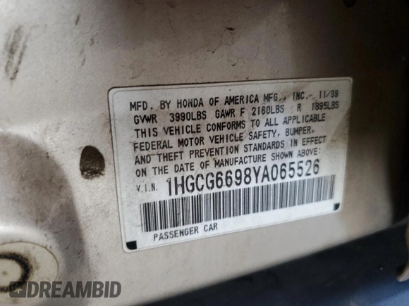 2000 Honda Accord SE with VIN 1HGCG6698YA065526, listed as a Copart auction lot 51830715 with 262,393 mi miles and Salvage title. Bid and sale history available at DreamBid. Image 12.