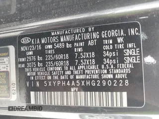 2017 Kia Sorento EX V6 with VIN 5XYPH4A5XHG290228, listed as a IAAI auction lot 41791814 with 73,185 mi miles. Bid and sale history available at carsss.com. Image 9.