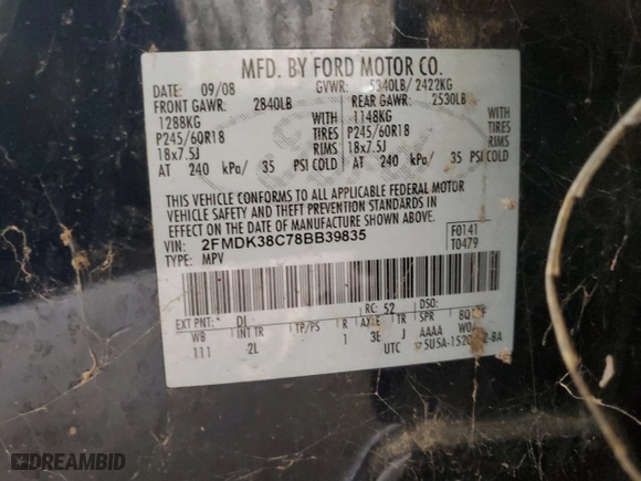 2008 Ford Edge SEL with VIN 2FMDK38C78BB39835, listed as a Copart auction lot 47836795 with NaN miles and Clean Title. Bid and sale history available at carsss.com. Image 14.