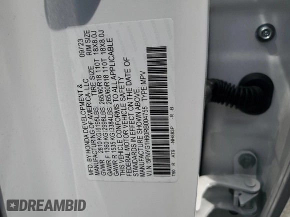 2024 Honda Pilot TrailSport z VIN 5FNYG1H60RB004755, wystawiony jako Copart lot #59502924 z przebiegiem Nie podano mil oraz Szkoda całkowita • Salvage title. Historia ofert i sprzedaży dostępna na DreamBid. Obrazek 13.