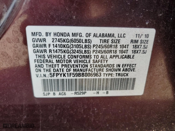2011 Honda Ridgeline RTL with VIN 5FPYK1F59BB006963, listed as a Copart auction lot 54145235 with 133,120 mi miles and Clean Title. Bid and sale history available at carsss.com. Image 12.
