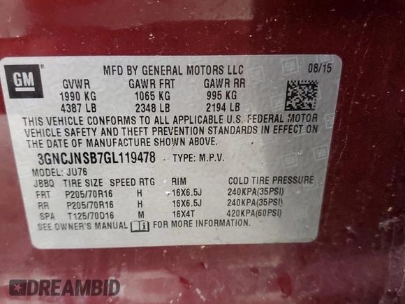 2016 Chevrolet Trax LS with VIN 3GNCJNSB7GL119478, listed as a Copart auction lot 49385715 with 169,787 mi miles and Non Repairable. Bid and sale history available at carsss.com. Image 13.