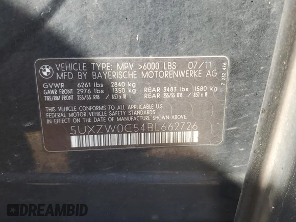2011 BMW X5 35d с VIN 5UXZW0C54BL662726, выставлен на аукционе Copart как лот 55881665 с пробегом Не указан миль и На запчасти • Non repairable. История ставок и продаж доступна на DreamBid. Изображение 12.