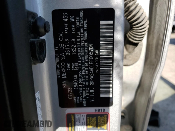 2023 Kia Rio S z VIN 3KPA24AD1PE605704, wystawiony jako Copart lot #57707585 z przebiegiem 36 526 mil mil oraz Szkoda całkowita • Salvage title. Historia ofert i sprzedaży dostępna na DreamBid. Obrazek 12.
