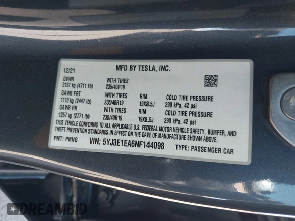 2022 Tesla Model 3 with VIN 5YJ3E1EA6NF144098, listed as a IAAI auction lot 41965360 with 75,597 mi miles. Bid and sale history available at carsss.com. Image 9.