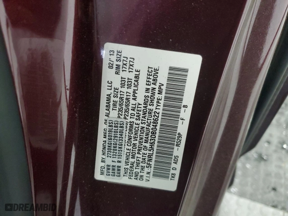2013 Honda Odyssey EX-L with VIN 5FNRL5H63DB048622, listed as a Copart auction lot 52003825 with 75,113 mi miles and Salvage Title. Bid and sale history available at carsss.com. Image 15.