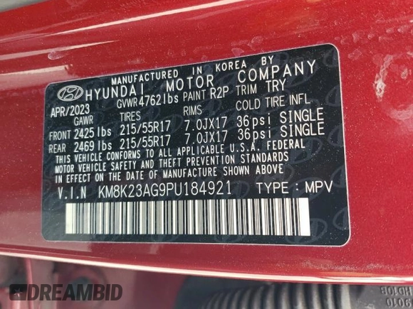 2023 Hyundai Kona SE с VIN KM8K23AG9PU184921, выставлен на аукционе Copart как лот 54088175 с пробегом 57 541 миль миль и Списание • Salvage title. История ставок и продаж доступна на DreamBid. Изображение 13.