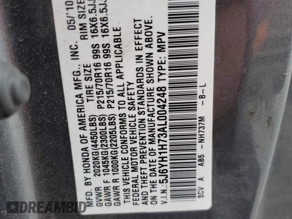 2010 Honda Element EX with VIN 5J6YH1H73AL004248, listed as a Copart auction lot 44797815 with 142,568 mi miles and Salvage Title. Bid and sale history available at DreamBid. Image 14.