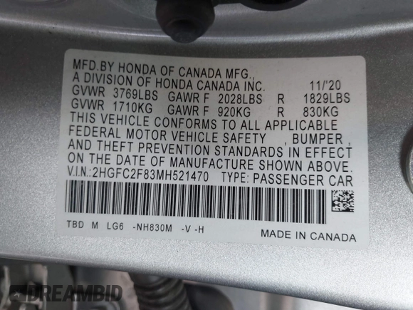 2021 Honda Civic Sport with VIN 2HGFC2F83MH521470, listed as a IAAI auction lot 41828890 with 49,703 mi miles and . Bid and sale history available at DreamBid. Image 9.