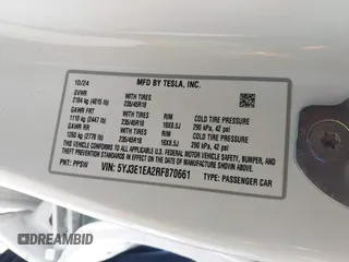 2024 Tesla Model 3 with VIN 5YJ3E1EA2RF870661, listed as a IAAI auction lot 41562281 with 3,407 mi miles. Bid and sale history available at carsss.com. Image 9.