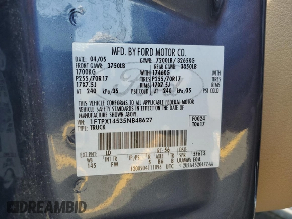 2005 Ford F-150 XLT z VIN 1FTPX14535NB48627, wystawiony jako Copart lot #59626875 z przebiegiem 120 894 mil mil oraz Szkoda całkowita • Salvage title. Historia ofert i sprzedaży dostępna na DreamBid. Obrazek 12.
