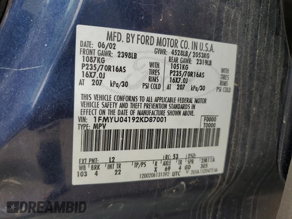 2002 Ford Escape XLT Choice with VIN 1FMYU04192KD87001, listed as a Copart auction lot 57860475 with 195,323 mi miles and Salvage title. Bid and sale history available at DreamBid. Image 13.