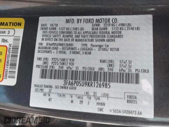 2019 Ford Fusion Titanium with VIN 3FA6P0SU9KR126985, listed as a IAAI auction lot 42255509 with 138,779 mi miles and . Bid and sale history available at DreamBid. Image 9.