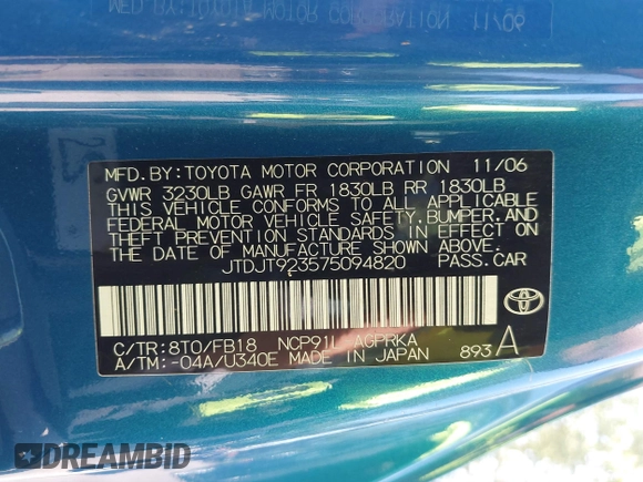 2007 Toyota Yaris z VIN JTDJT923575094820, wystawiony jako IAAI lot #42297736 z przebiegiem 201 052 mil mil oraz . Historia ofert i sprzedaży dostępna na DreamBid. Obrazek 9.