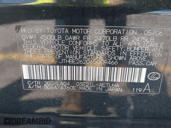 2006 Lexus IS 350 z VIN JTHBE262065009466, wystawiony jako IAAI lot #41848882 z przebiegiem 177 603 mil mil oraz . Historia ofert i sprzedaży dostępna na DreamBid. Obrazek 9.