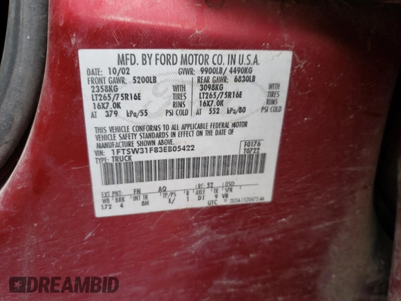 2003 Ford F-350 XL with VIN 1FTSW31F83EB05422, listed as a Copart auction lot 51350635 with 159,338 mi miles and Salvage Title. Bid and sale history available at DreamBid. Image 12.