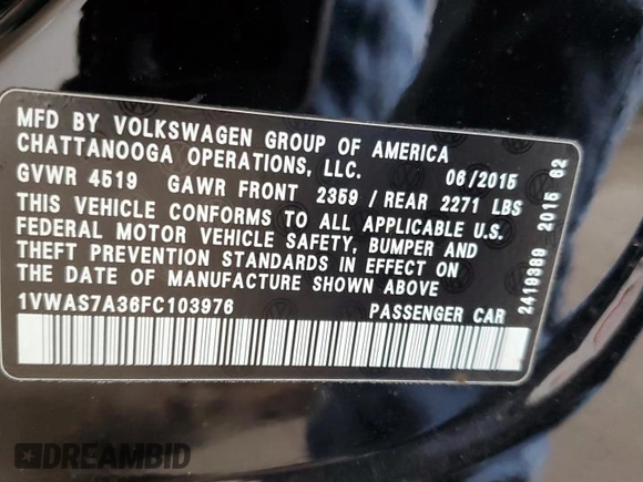 2015 Volkswagen Passat Limited Edition with VIN 1VWAS7A36FC103976, listed as a Copart auction lot 50385035 with Not provided miles and Salvage title. Bid and sale history available at DreamBid. Image 12.