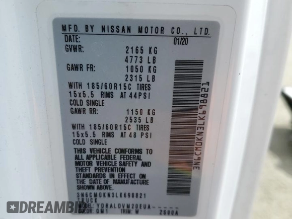 2020 Nissan NV200 Compact Cargo SV with VIN 3N6CM0KN3LK698821, listed as a Copart auction lot 52819905 with 55,427 mi miles and Salvage Title. Bid and sale history available at carsss.com. Image 13.