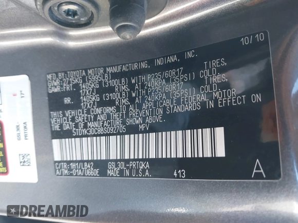 2011 Toyota Sienna XLE AAS with VIN 5TDYK3DC8BS092705, listed as a IAAI auction lot 40547263 with Not provided miles and . Bid and sale history available at DreamBid. Image 9.