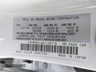 2019 Mazda 3 w/Select Pkg with VIN JM1BPACL6K1108118, listed as a IAAI auction lot 41743267 with 54,947 mi miles. Bid and sale history available at carsss.com. Image 9.