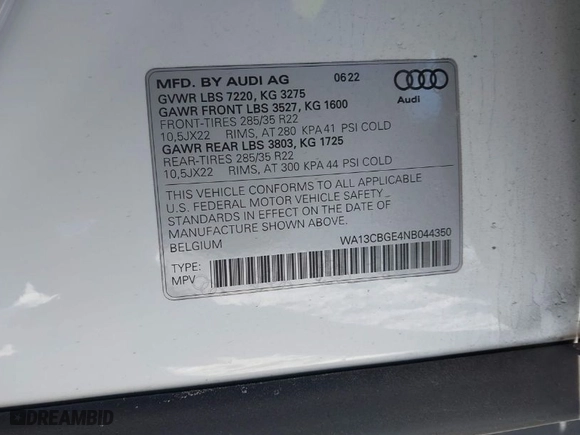 2022 Audi e-tron S Sportback Prestige with VIN WA13CBGE4NB044350, listed as a IAAI auction lot 41281921 with 1 mi miles. Bid and sale history available at carsss.com. Image 9.