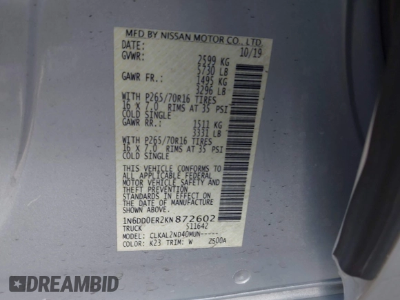 2019 Nissan Frontier SV with VIN 1N6DD0ER2KN872602, listed as a IAAI auction lot 42562988 with 62,159 mi miles and . Bid and sale history available at DreamBid. Image 9.