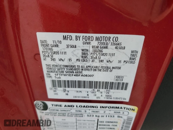 2011 Ford F-150 XL with VIN 1FTFW1EF4BFA08307, listed as a Copart auction lot 60532365 with 193,724 mi miles and Salvage title. Bid and sale history available at DreamBid. Image 13.