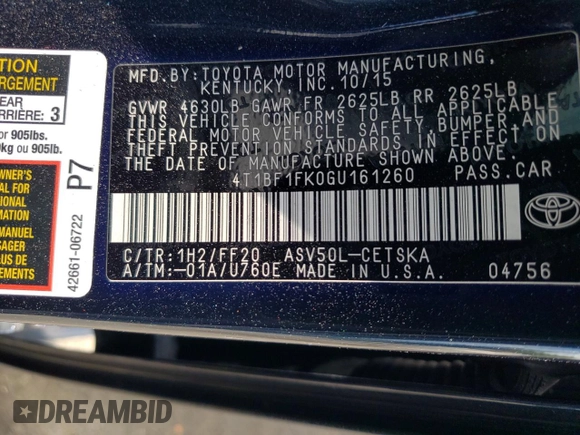 2016 Toyota Camry XLE with VIN 4T1BF1FK0GU161260, listed as a Copart auction lot 55325505 with 179,334 mi miles and Salvage Title. Bid and sale history available at DreamBid. Image 12.