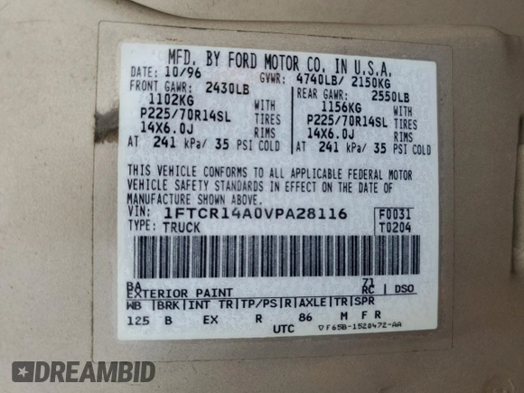 1997 Ford Ranger XL with VIN 1FTCR14A0VPA28116, listed as a Copart auction lot 82262554 with 167,455 mi miles and Salvage title. Bid and sale history available at DreamBid. Image 12.