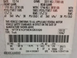 2014 Ford F-150 XL with VIN 1FTFX1CF5EKG53320, listed as a Copart auction lot 62101385 with 225,304 mi miles and Clean title. Bid and sale history available at DreamBid. Image 12.