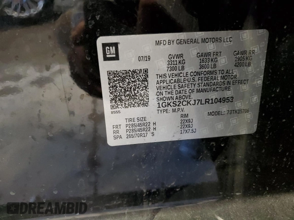 2020 GMC Yukon Denali with VIN 1GKS2CKJ7LR104953, listed as a Copart auction lot 87287594 with 0 mi miles and Non Repairable. Bid and sale history available at carsss.com. Image 13.