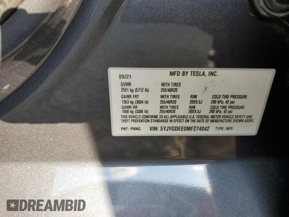 2021 Tesla Model Y Long Range with VIN 5YJYGDEE0MF274042, listed as a Copart auction lot 48383055 with 39,264 mi miles and Salvage Title. Bid and sale history available at DreamBid. Image 13.