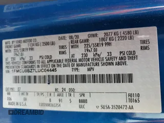 2020 Ford Escape SE Sport Hybrid with VIN 1FMCU0BZ7LUC04445, listed as a Copart auction lot 57971445 with 59,089 mi miles and Non repairable. Bid and sale history available at DreamBid. Image 14.
