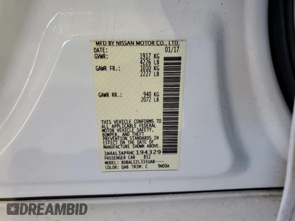 2017 Nissan Altima SV с VIN 1N4AL3AP4HC194329, выставлен на аукционе Copart как лот 46104055 с пробегом 109 908 миль миль и Списание • Salvage title. История ставок и продаж доступна на DreamBid. Изображение 12.