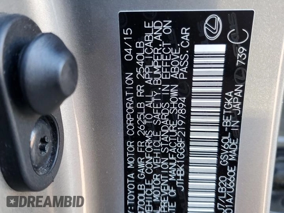 2015 Lexus ES 330 with VIN JTHBK1GG8F2197894, listed as a Copart auction lot 49078945 with 112,189 mi miles and Salvage Title. Bid and sale history available at DreamBid. Image 14.