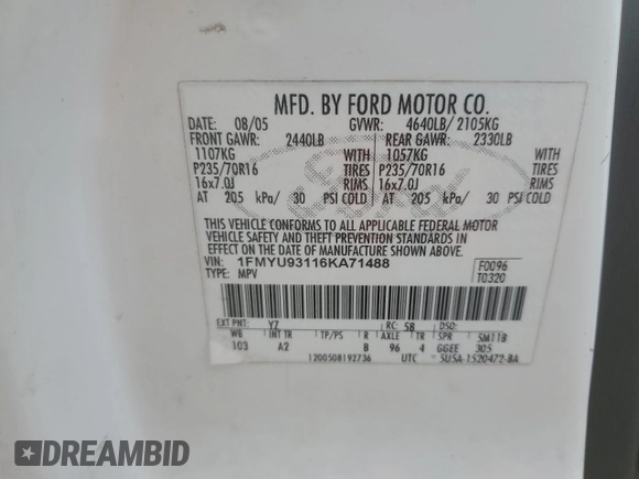 2006 Ford Escape XLT с VIN 1FMYU93116KA71488, выставлен на аукционе Copart как лот 57489755 с пробегом 197 006 миль миль и Списание • Salvage title. История ставок и продаж доступна на DreamBid. Изображение 13.