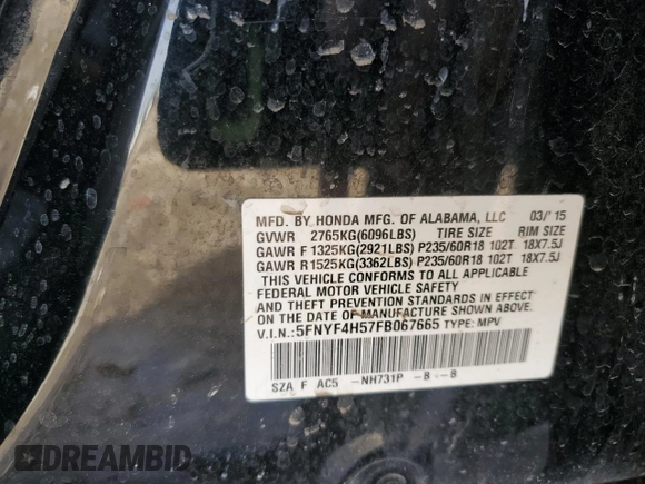 2015 Honda Pilot EX-L with VIN 5FNYF4H57FB067665, listed as a Copart auction lot 44211265 with 124,073 mi miles and Salvage Title. Bid and sale history available at carsss.com. Image 13.