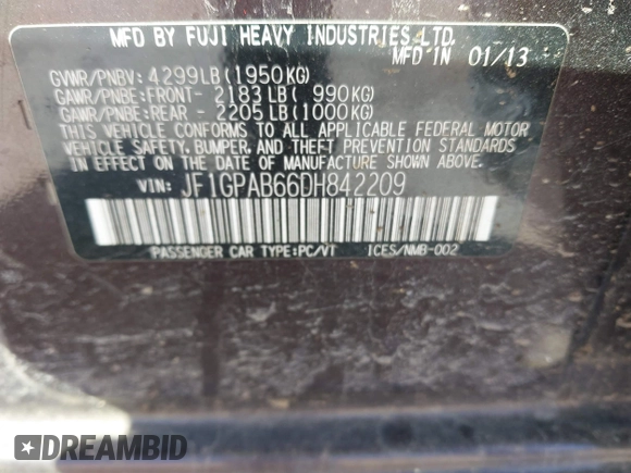 2013 Subaru Impreza Premium z VIN JF1GPAB66DH842209, wystawiony jako IAAI lot #41666540 z przebiegiem 187 095 mil mil oraz . Historia ofert i sprzedaży dostępna na DreamBid. Obrazek 9.