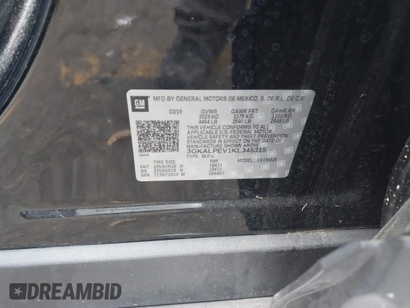 2019 GMC Terrain SLT with VIN 3GKALPEV1KL345315, listed as a IAAI auction lot 41919032 with 105,614 mi miles. Bid and sale history available at carsss.com. Image 9.