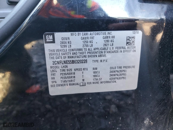 2011 Chevrolet Equinox LT w/2LT with VIN 2CNFLNE55B6320228, listed as a Copart auction lot 53318125 with 175,833 mi miles and Salvage Title. Bid and sale history available at carsss.com. Image 15.