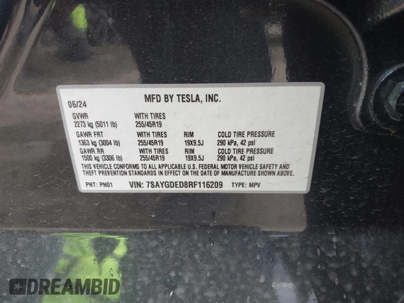 2024 Tesla Model Y with VIN 7SAYGDED8RF116209, listed as a IAAI auction lot 41761804 with 12,048 mi miles and . Bid and sale history available at DreamBid. Image 9.