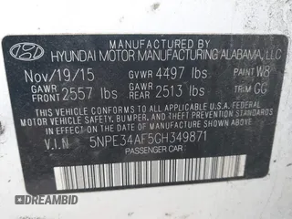 2016 Hyundai Sonata Sport with VIN 5NPE34AF5GH349871, listed as a IAAI auction lot 41962910 with 86,978 mi miles and . Bid and sale history available at DreamBid. Image 9.