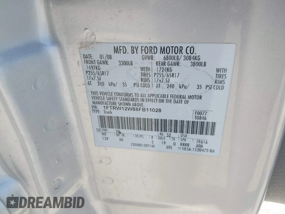 2008 Ford F-150 XL with VIN 1FTRW12W88FB11028, listed as a IAAI auction lot 41662475 with 237,135 mi miles. Bid and sale history available at carsss.com. Image 9.