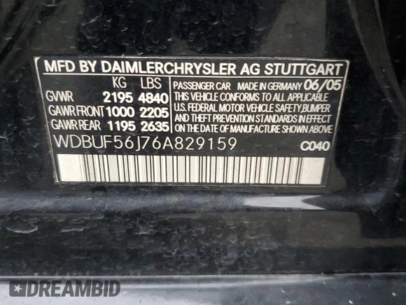 2006 Mercedes-Benz E 350 with VIN WDBUF56J76A829159, listed as a Copart auction lot 50423315 with 147,823 mi miles and Salvage Title. Bid and sale history available at DreamBid. Image 15.