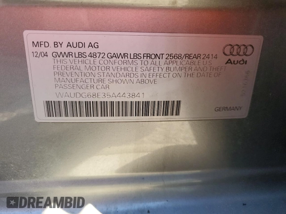 2005 Audi A4 3.2L with VIN WAUDG68E35A443841, listed as a Copart auction lot 77623274 with 139,983 mi miles and Salvage Title. Bid and sale history available at carsss.com. Image 13.