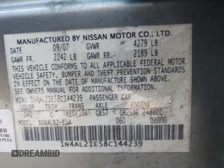 2008 Nissan Altima 2.5 S with VIN 1N4AL21E58C144239, listed as a IAAI auction lot 41628438 with 216,889 mi miles. Bid and sale history available at carsss.com. Image 9.